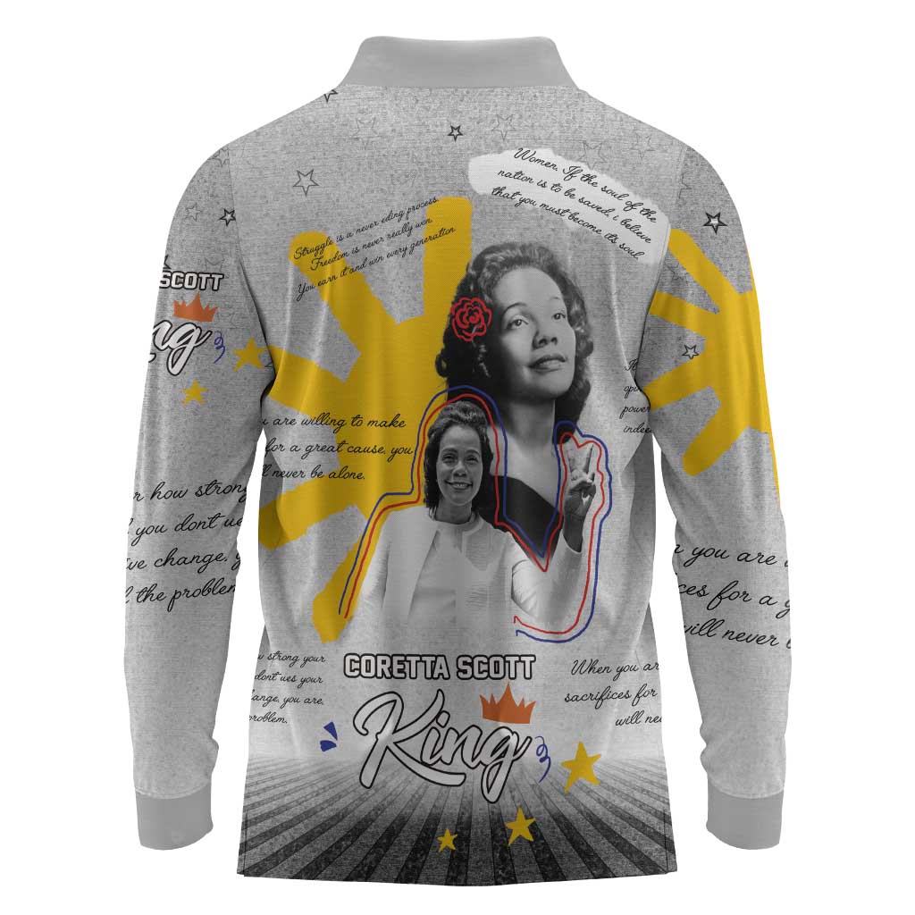 African American Coretta Scott King Long Sleeve Polo Shirt Honoring The Legacy Hand Draw Style