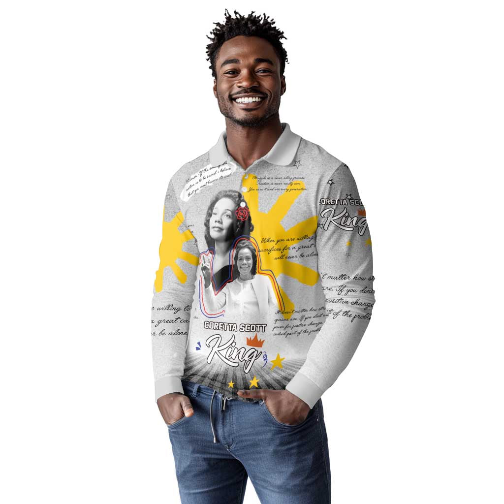 African American Coretta Scott King Long Sleeve Polo Shirt Honoring The Legacy Hand Draw Style