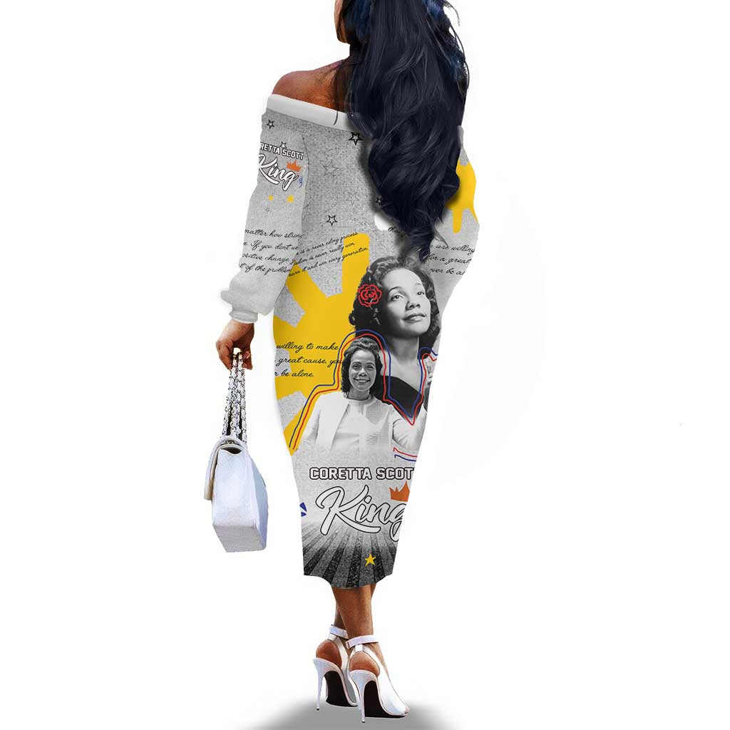 African American Coretta Scott King Off The Shoulder Long Sleeve Dress Honoring The Legacy Hand Draw Style