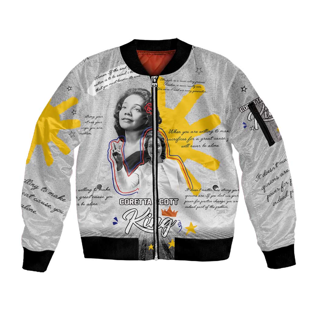 African American Coretta Scott King Sleeve Zip Bomber Jacket Honoring The Legacy Hand Draw Style