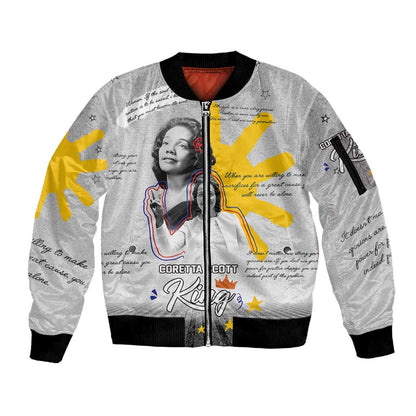 African American Coretta Scott King Sleeve Zip Bomber Jacket Honoring The Legacy Hand Draw Style