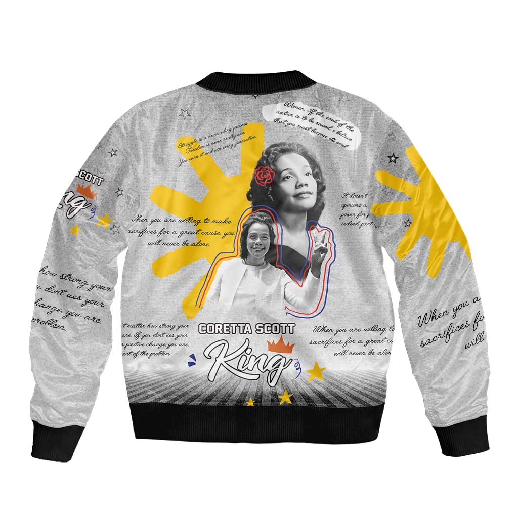 African American Coretta Scott King Sleeve Zip Bomber Jacket Honoring The Legacy Hand Draw Style
