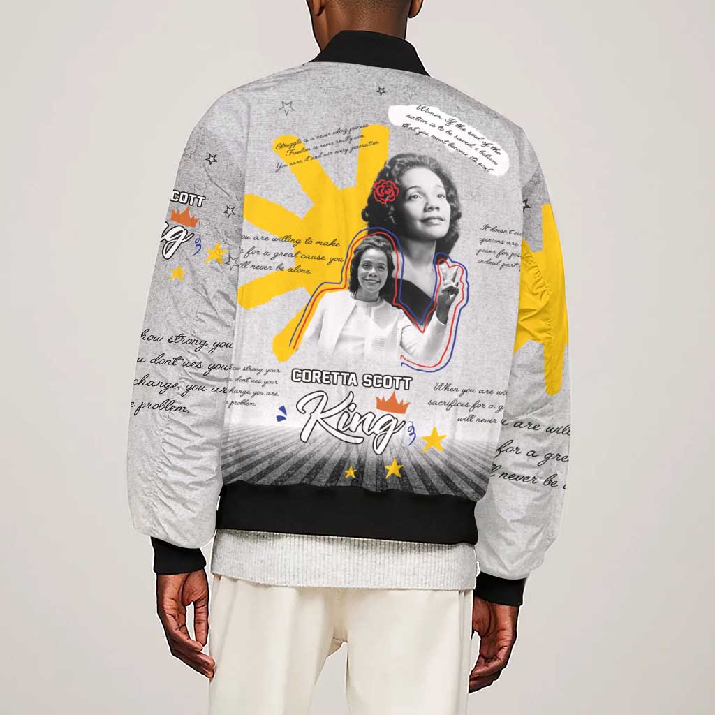 African American Coretta Scott King Sleeve Zip Bomber Jacket Honoring The Legacy Hand Draw Style