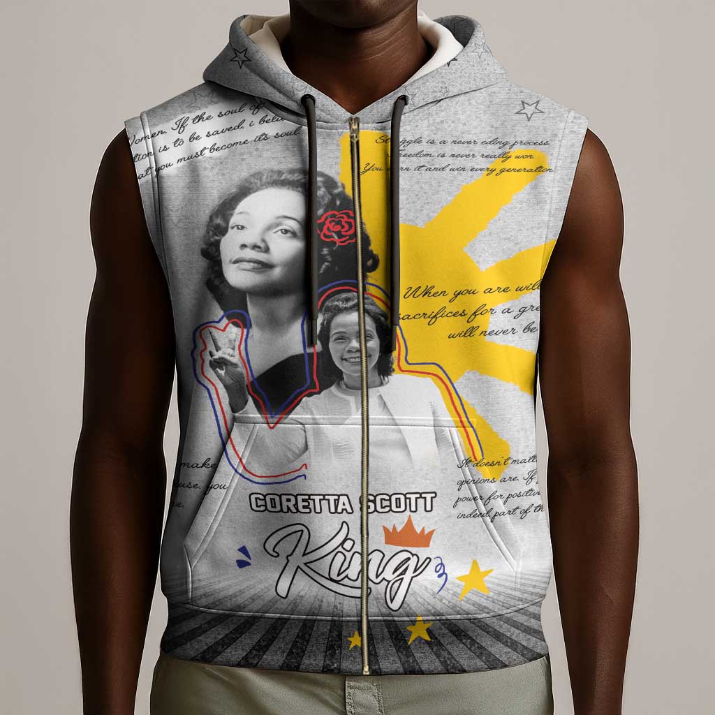 African American Coretta Scott King Sleeveless Zip Hoodie Honoring The Legacy Hand Draw Style - African Pride