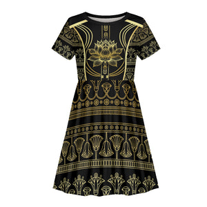 Egypt The Lotus Kid Short Sleeve Dress Gold Bloom Hieroglyphic Patterns