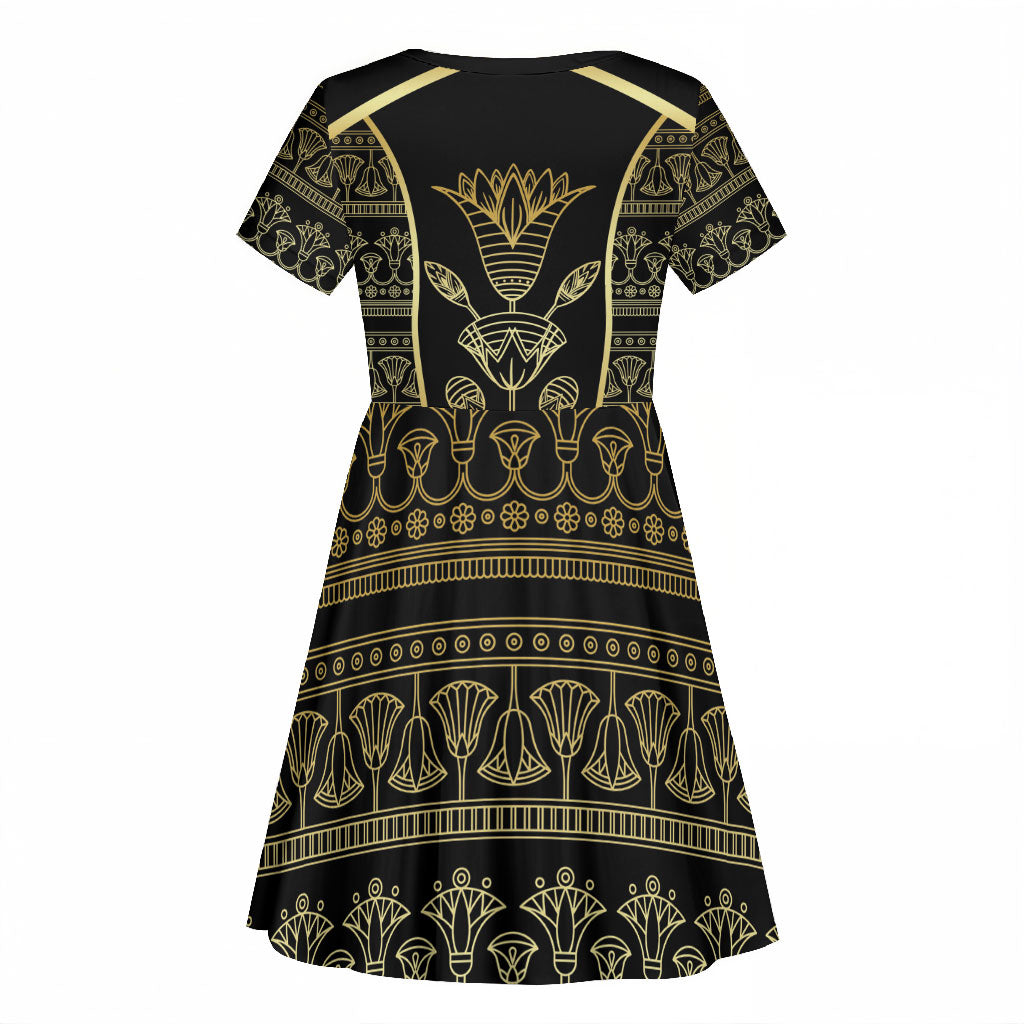 Egypt The Lotus Kid Short Sleeve Dress Gold Bloom Hieroglyphic Patterns