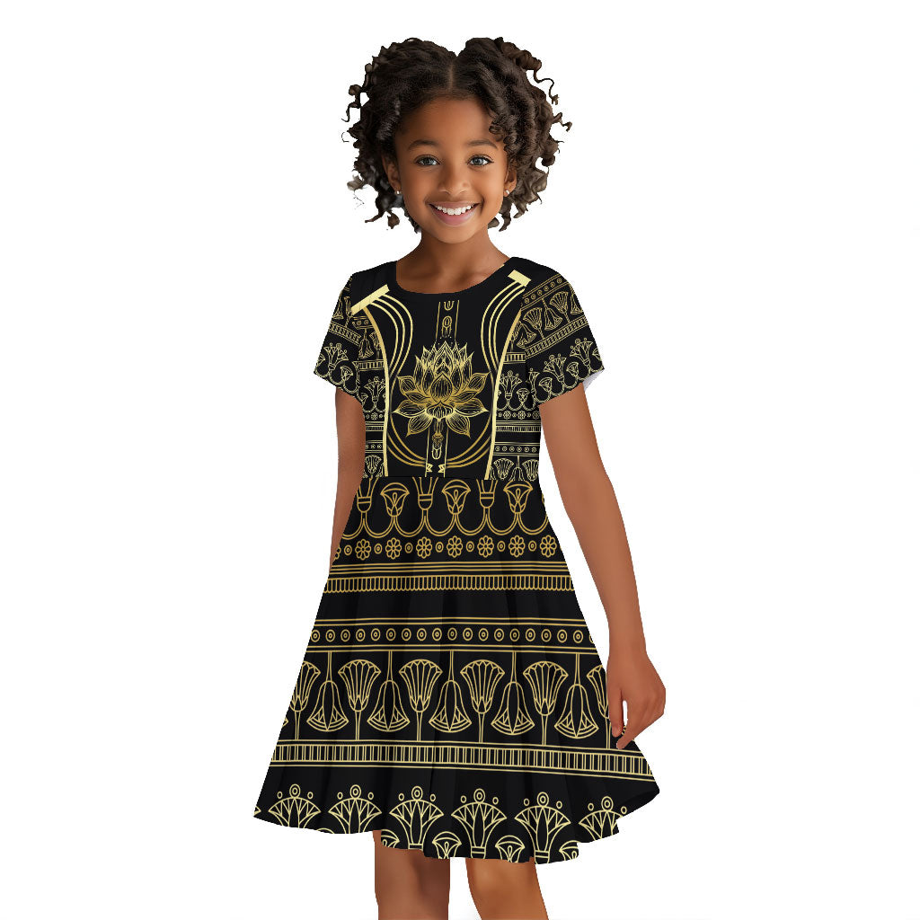 Egypt The Lotus Kid Short Sleeve Dress Gold Bloom Hieroglyphic Patterns