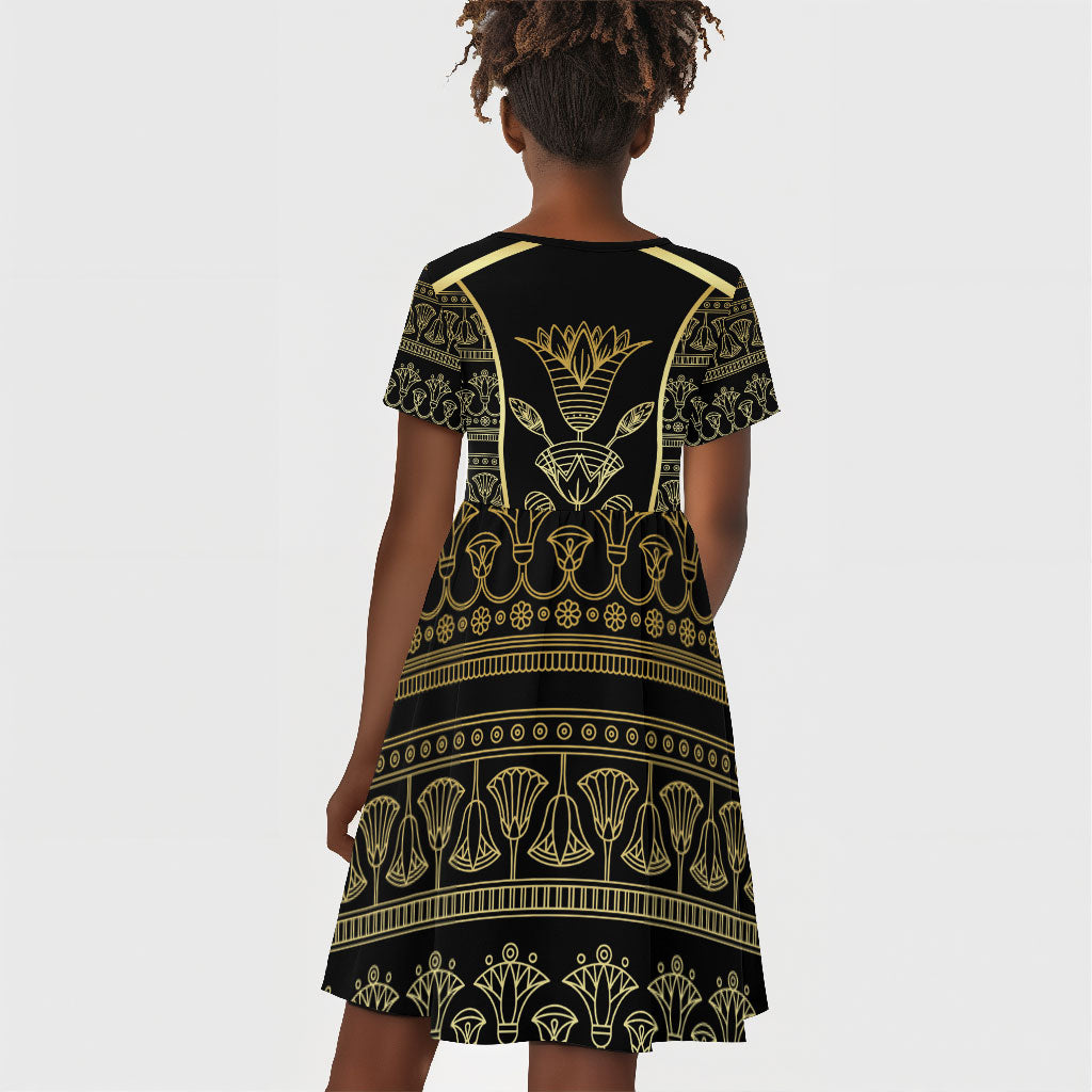 Egypt The Lotus Kid Short Sleeve Dress Gold Bloom Hieroglyphic Patterns