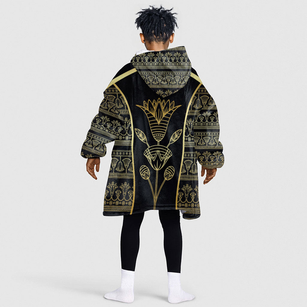 Egypt The Lotus Kid Wearable Blanket Hoodie Gold Bloom Hieroglyphic Patterns
