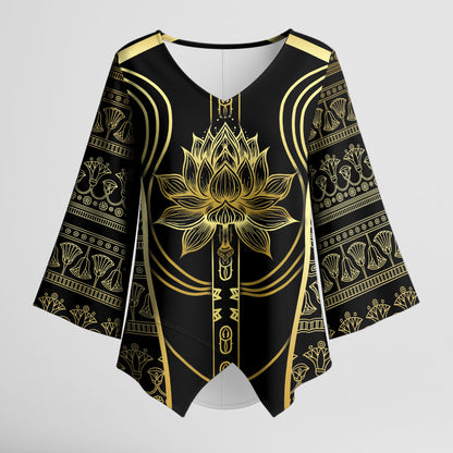 Egypt The Lotus Kimono Sleeve Blouse Gold Bloom Hieroglyphic Patterns