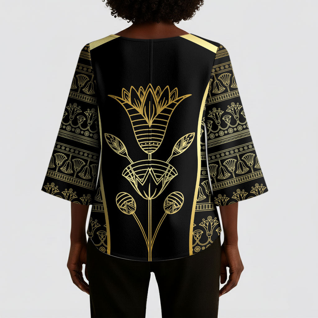 Egypt The Lotus Kimono Sleeve Blouse Gold Bloom Hieroglyphic Patterns