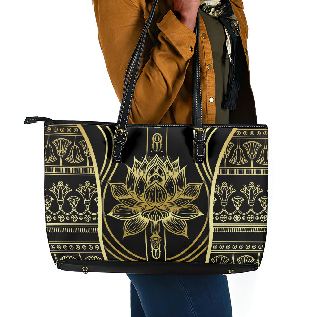 Egypt The Lotus Leather Tote Bag Gold Bloom Hieroglyphic Patterns