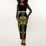 Egypt The Lotus Long Sleeve Bodycon Dress Gold Bloom Hieroglyphic Patterns