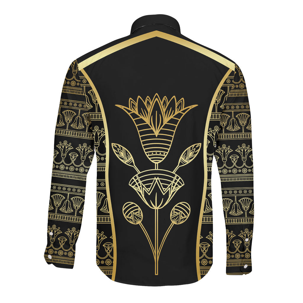 Egypt The Lotus Long Sleeve Button Shirt Gold Bloom Hieroglyphic Patterns