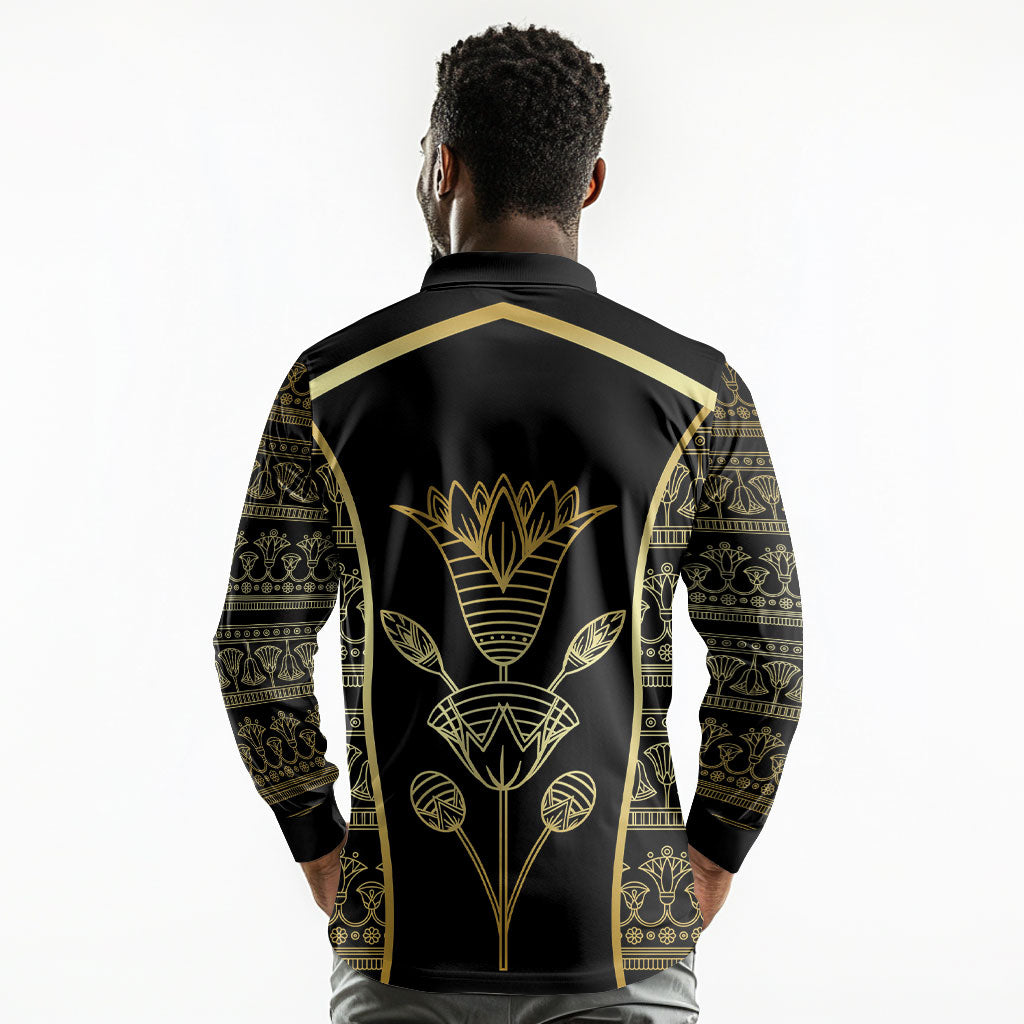 Egypt The Lotus Long Sleeve Polo Shirt Gold Bloom Hieroglyphic Patterns