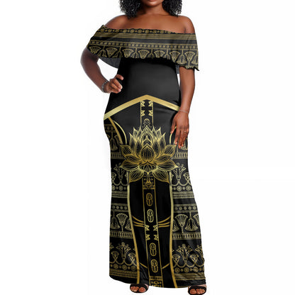 Egypt The Lotus Off Shoulder Maxi Dress Gold Bloom Hieroglyphic Patterns