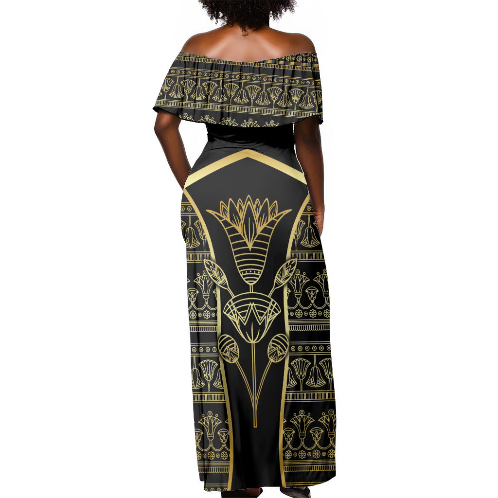 Egypt The Lotus Off Shoulder Maxi Dress Gold Bloom Hieroglyphic Patterns
