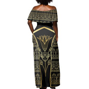 Egypt The Lotus Off Shoulder Maxi Dress Gold Bloom Hieroglyphic Patterns