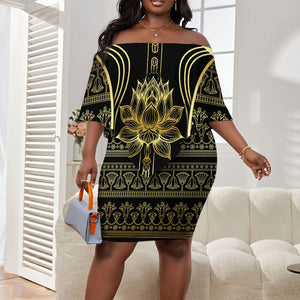 Egypt The Lotus Off Shoulder Short Dress Gold Bloom Hieroglyphic Patterns