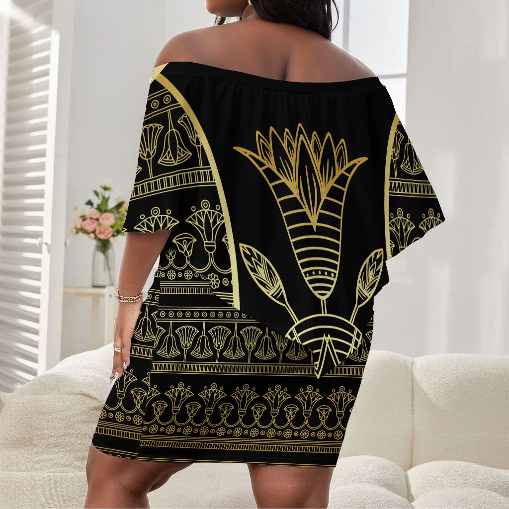 Egypt The Lotus Off Shoulder Short Dress Gold Bloom Hieroglyphic Patterns