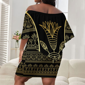 Egypt The Lotus Off Shoulder Short Dress Gold Bloom Hieroglyphic Patterns