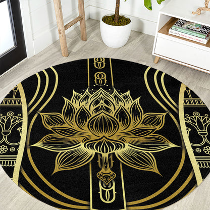 Egypt The Lotus Round Carpet Gold Bloom Hieroglyphic Patterns