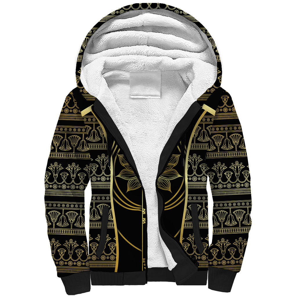 Egypt The Lotus Sherpa Hoodie Gold Bloom Hieroglyphic Patterns