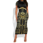 Egypt The Lotus Short Sleeve Bodycon Dress Gold Bloom Hieroglyphic Patterns