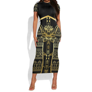 Egypt The Lotus Short Sleeve Bodycon Dress Gold Bloom Hieroglyphic Patterns
