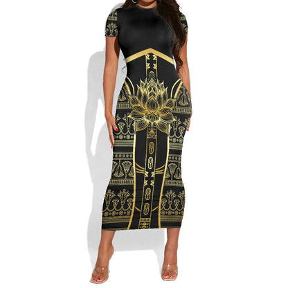 Egypt The Lotus Short Sleeve Bodycon Dress Gold Bloom Hieroglyphic Patterns