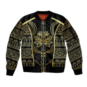 Egypt The Lotus Sleeve Zip Bomber Jacket Gold Bloom Hieroglyphic Patterns