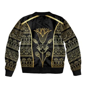 Egypt The Lotus Sleeve Zip Bomber Jacket Gold Bloom Hieroglyphic Patterns