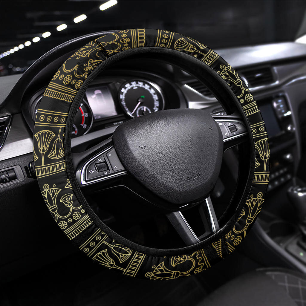 Egypt The Lotus Steering Wheel Cover Gold Bloom Hieroglyphic Patterns