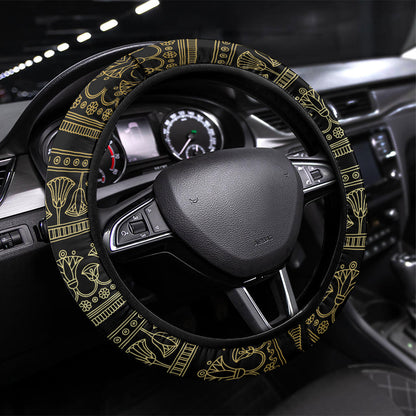 Egypt The Lotus Steering Wheel Cover Gold Bloom Hieroglyphic Patterns