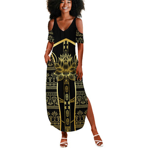 Egypt The Lotus Summer Maxi Dress Gold Bloom Hieroglyphic Patterns