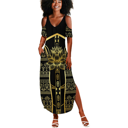 Egypt The Lotus Summer Maxi Dress Gold Bloom Hieroglyphic Patterns