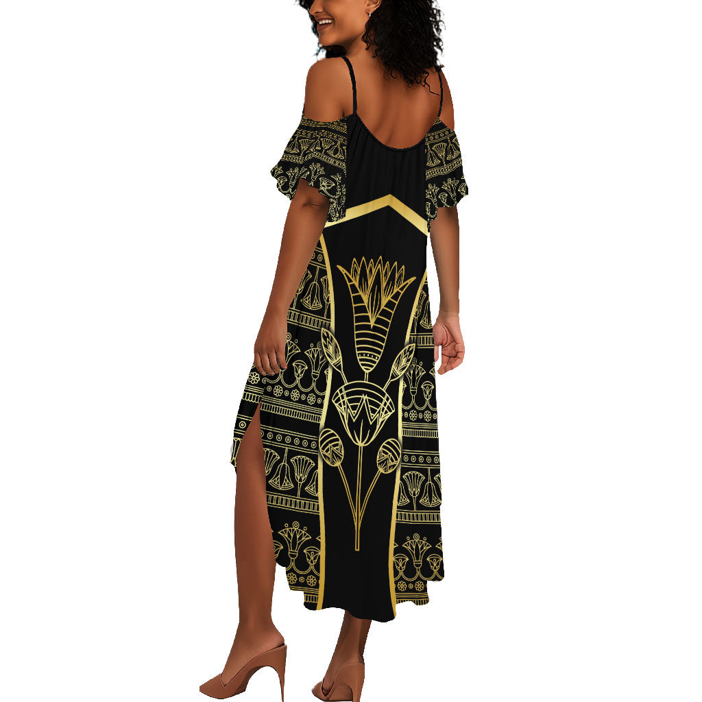 Egypt The Lotus Summer Maxi Dress Gold Bloom Hieroglyphic Patterns