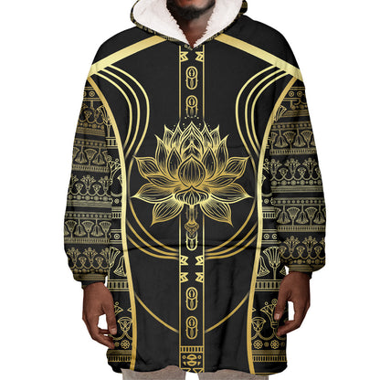 Egypt The Lotus Wearable Blanket Hoodie Gold Bloom Hieroglyphic Patterns