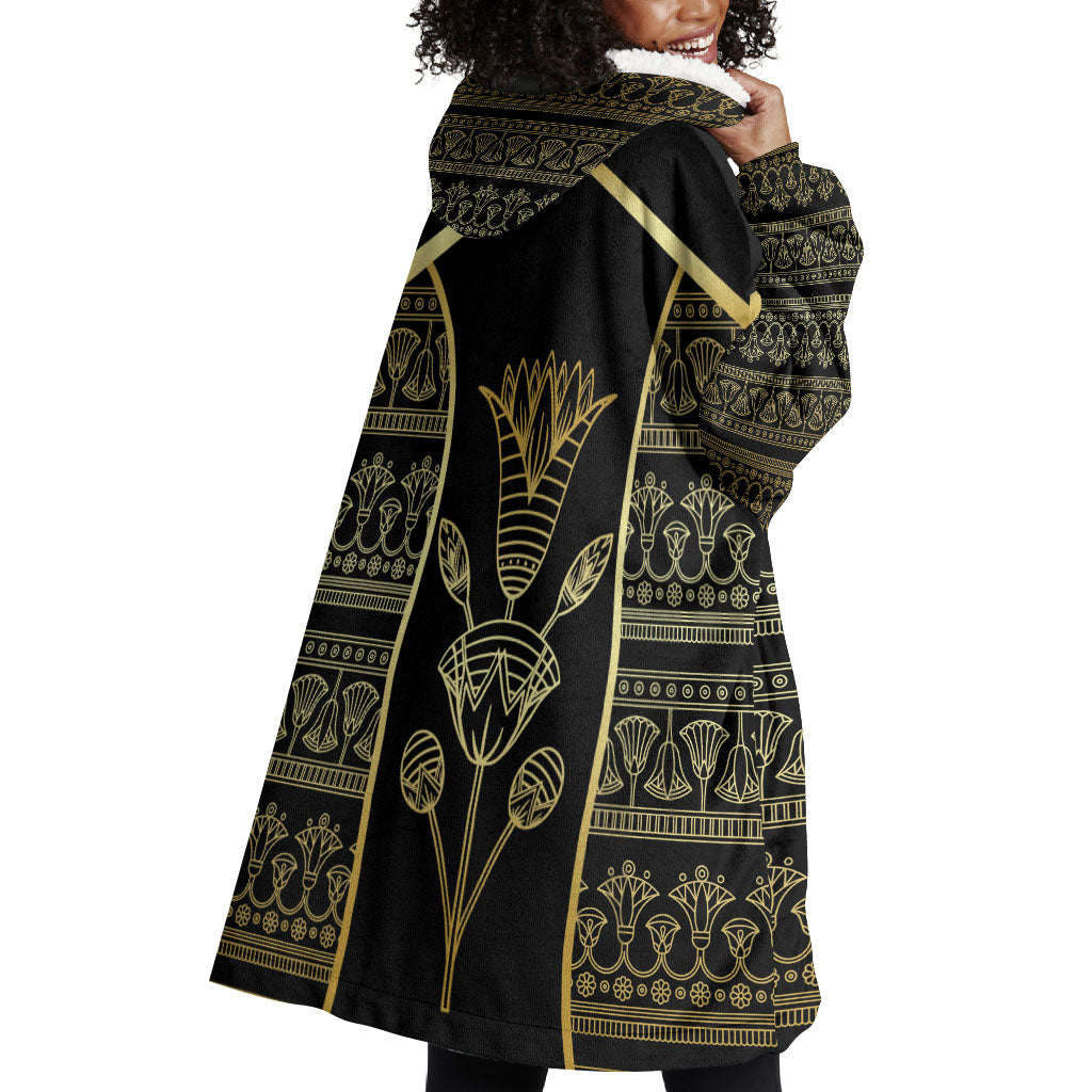 Egypt The Lotus Wearable Blanket Hoodie Gold Bloom Hieroglyphic Patterns