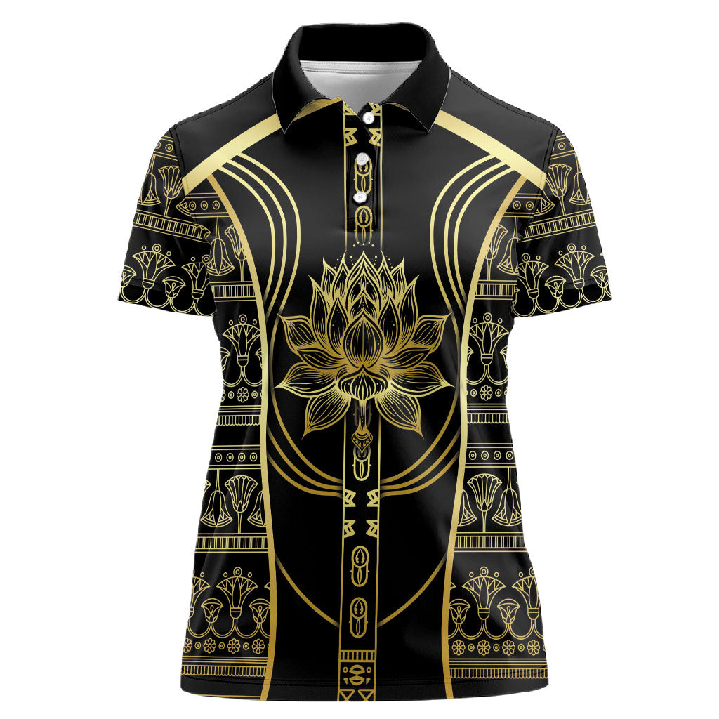 Egypt The Lotus Women Polo Shirt Gold Bloom Hieroglyphic Patterns