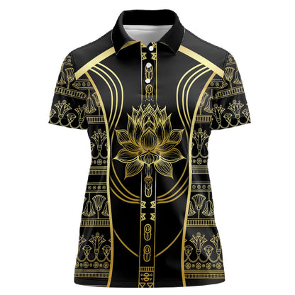 Egypt The Lotus Women Polo Shirt Gold Bloom Hieroglyphic Patterns