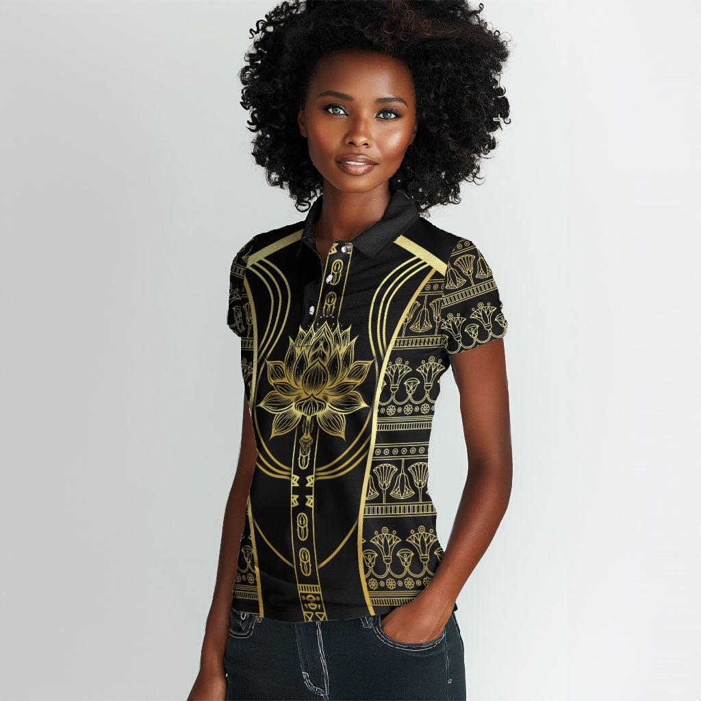 Egypt The Lotus Women Polo Shirt Gold Bloom Hieroglyphic Patterns