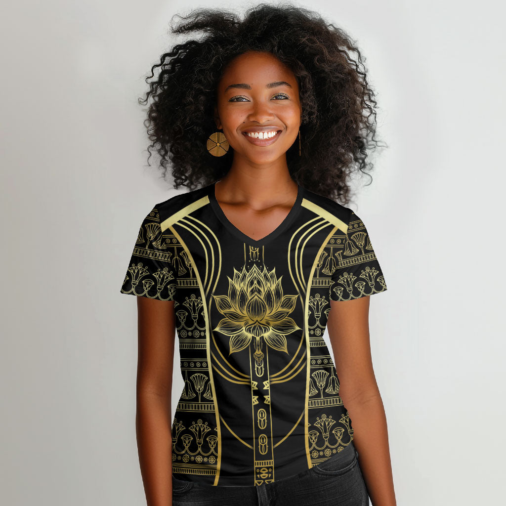 Egypt The Lotus Women V-Neck T-Shirt Gold Bloom Hieroglyphic Patterns