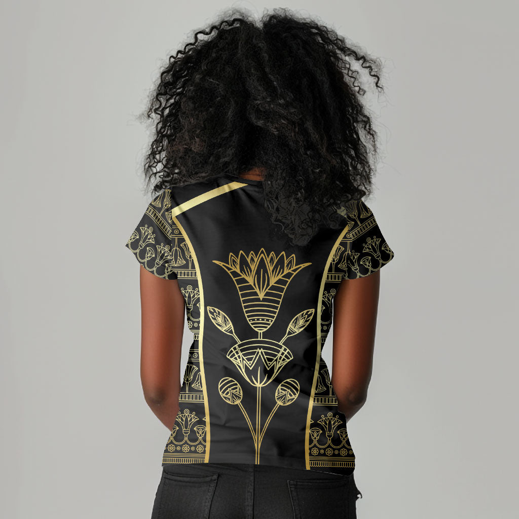 Egypt The Lotus Women V-Neck T-Shirt Gold Bloom Hieroglyphic Patterns
