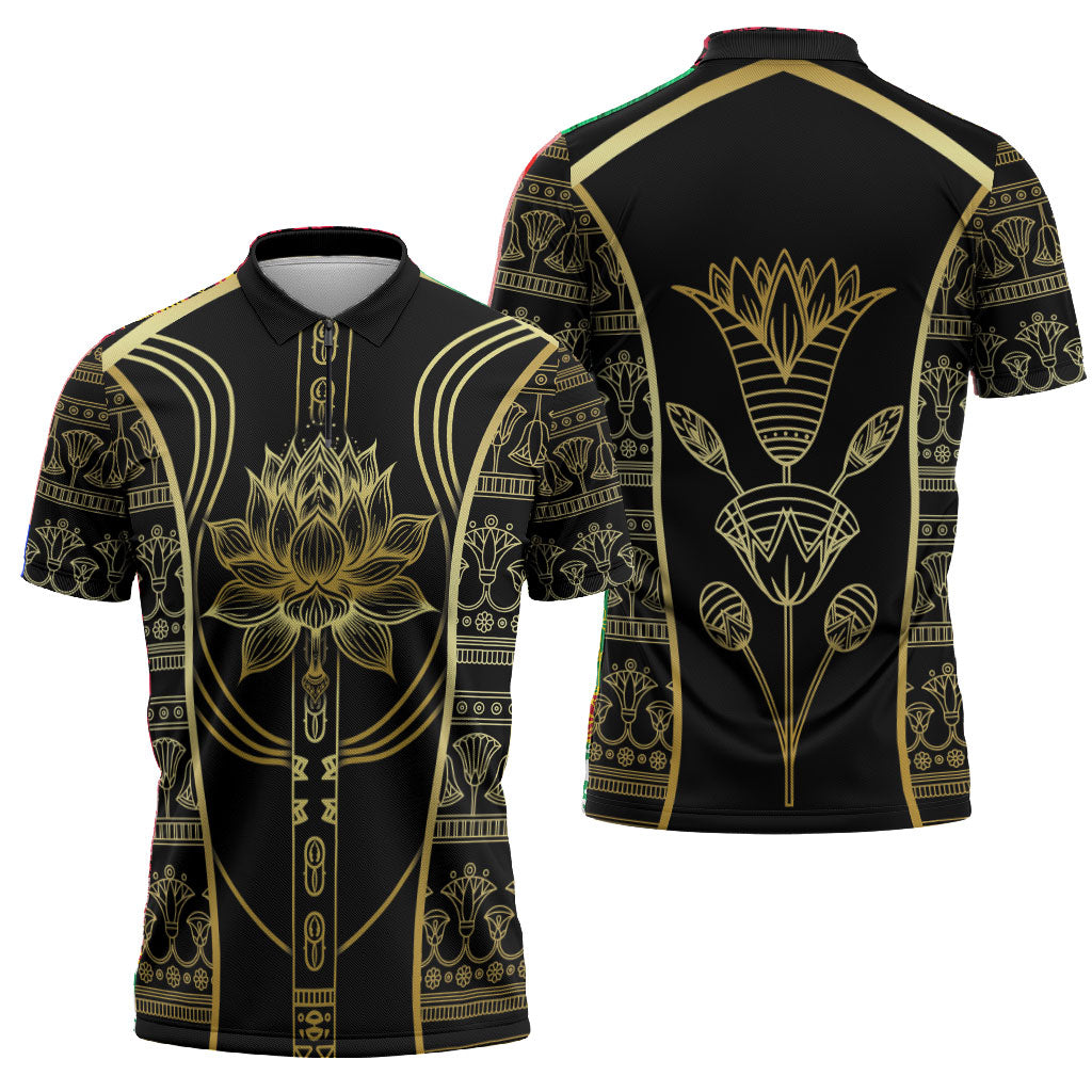 Egypt The Lotus Zipper Polo Shirt Gold Bloom Hieroglyphic Patterns