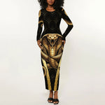 Egypt Uraeus Long Sleeve Bodycon Dress Gold Cobra Luxury Style
