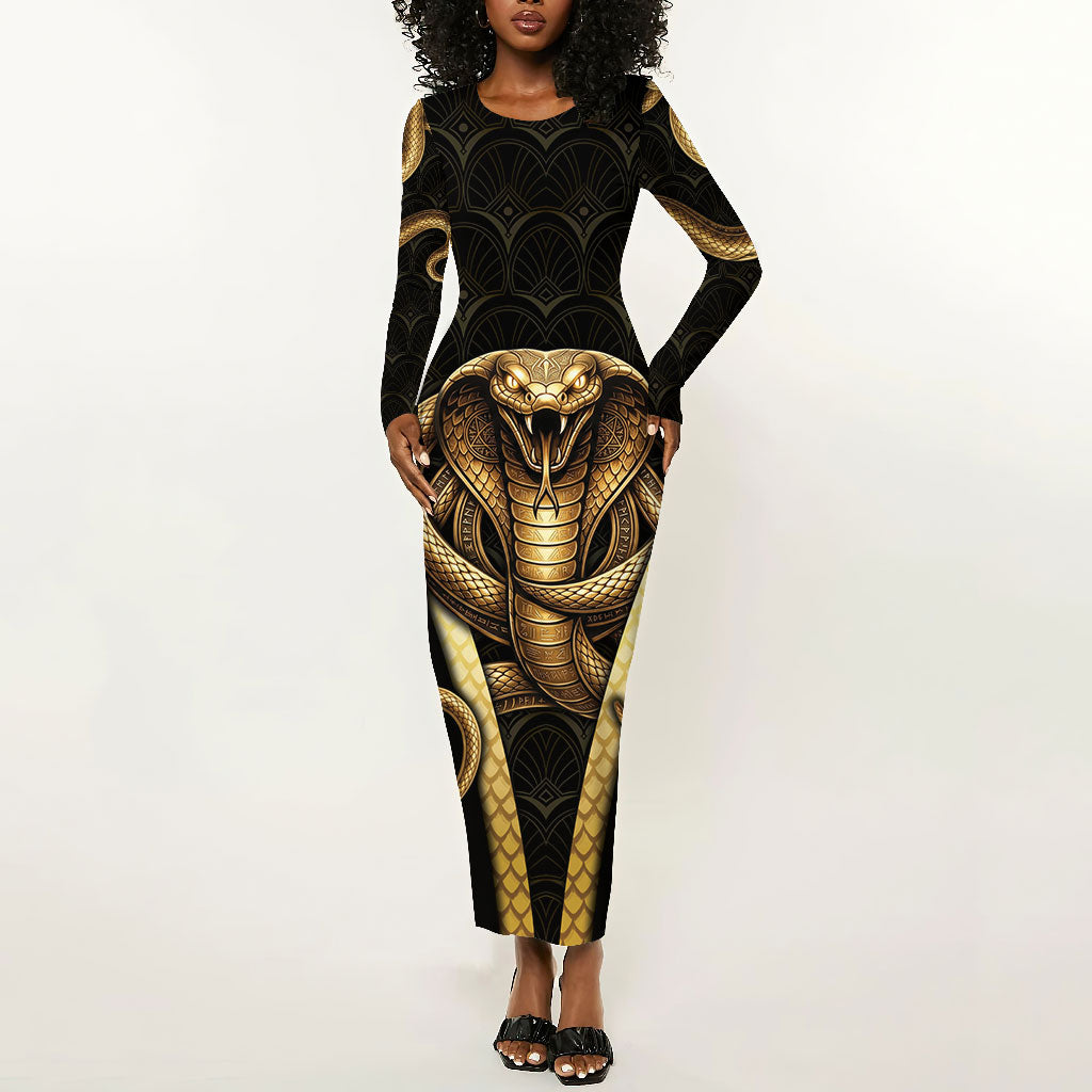 Egypt Uraeus Long Sleeve Bodycon Dress Gold Cobra Luxury Style