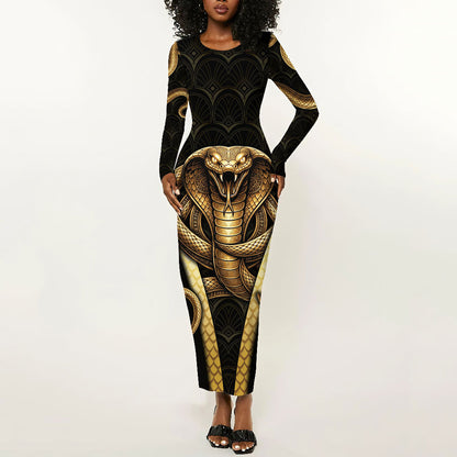 Egypt Uraeus Long Sleeve Bodycon Dress Gold Cobra Luxury Style