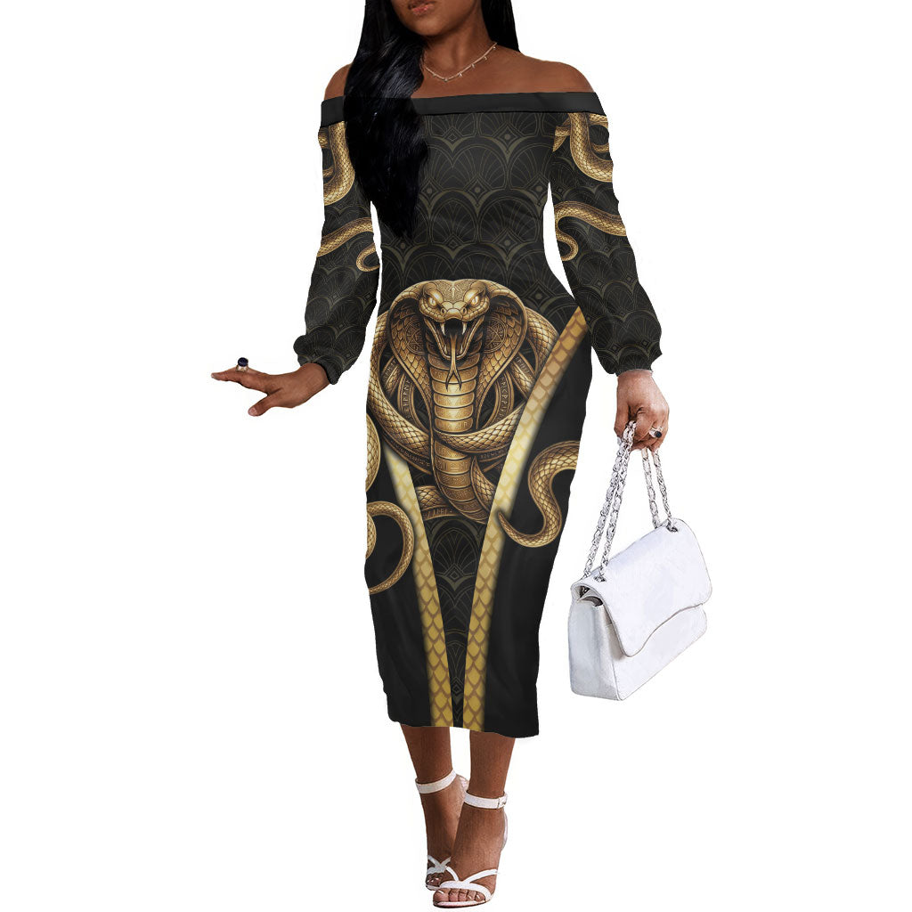 Egypt Uraeus Off The Shoulder Long Sleeve Dress Gold Cobra Luxury Style
