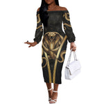 Egypt Uraeus Off The Shoulder Long Sleeve Dress Gold Cobra Luxury Style